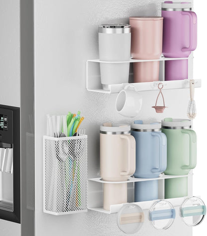 Magnetic Cup Holder for Stanley 20/30/40oz - 2 Pack Tumbler Organizer for Refrigerator - Water Bottle Organizer with Straw Basket & 6 Hooks Tumbler Cup Lids Accessories Storage Black
