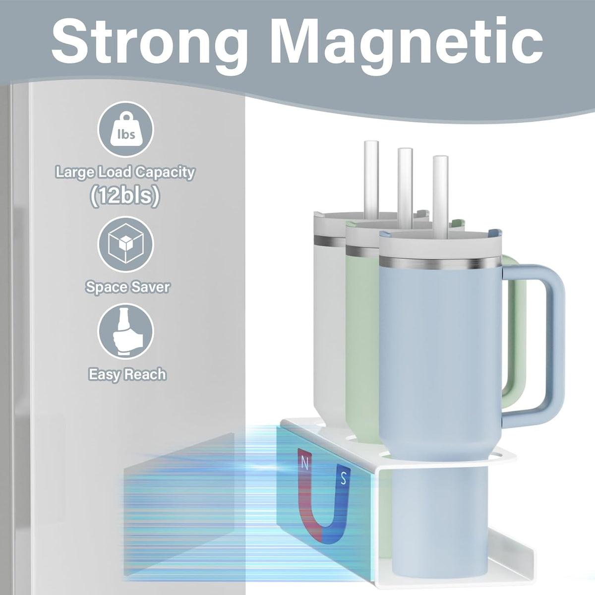 Magnetic Cup Holder for Stanley 20/30/40oz - 2 Pack Tumbler Organizer for Refrigerator - Water Bottle Organizer with Straw Basket & 6 Hooks Tumbler Cup Lids Accessories Storage Black