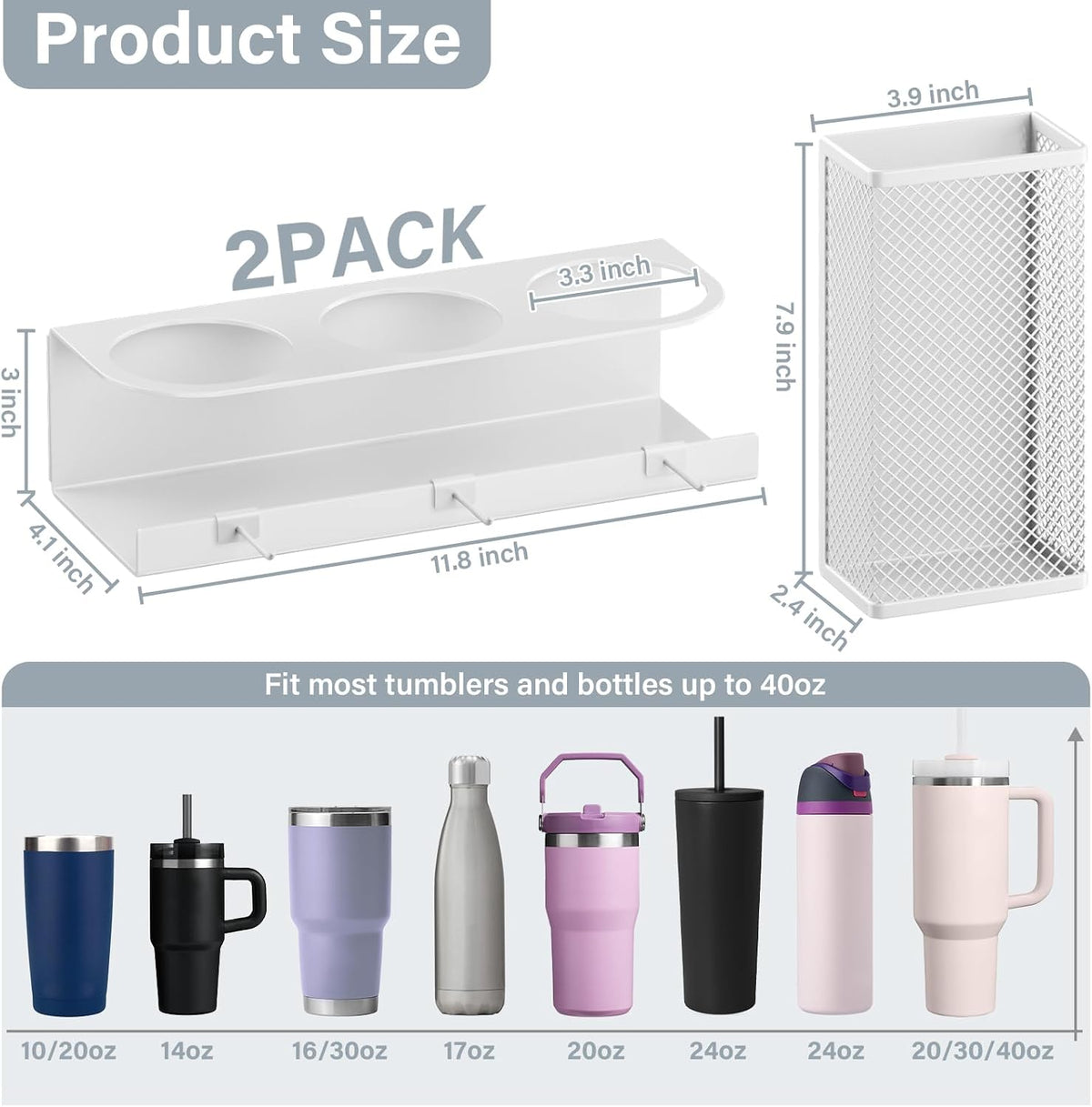 Magnetic Cup Holder for Stanley 20/30/40oz - 2 Pack Tumbler Organizer for Refrigerator - Water Bottle Organizer with Straw Basket & 6 Hooks Tumbler Cup Lids Accessories Storage Black