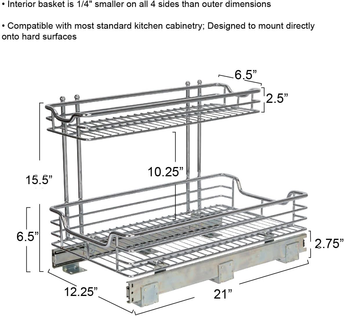 Glidez Multipurpose Chrome-Plated Steel Pull-Out/Slide-Out Storage Organizer for Cookware and Bakeware - 2-Tier Design - Fits Standard Size Cabinet or Shelf, Chrome