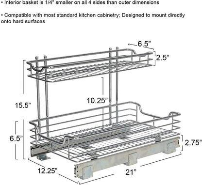 Glidez Multipurpose Chrome-Plated Steel Pull-Out/Slide-Out Storage Organizer for Cookware and Bakeware - 2-Tier Design - Fits Standard Size Cabinet or Shelf, Chrome