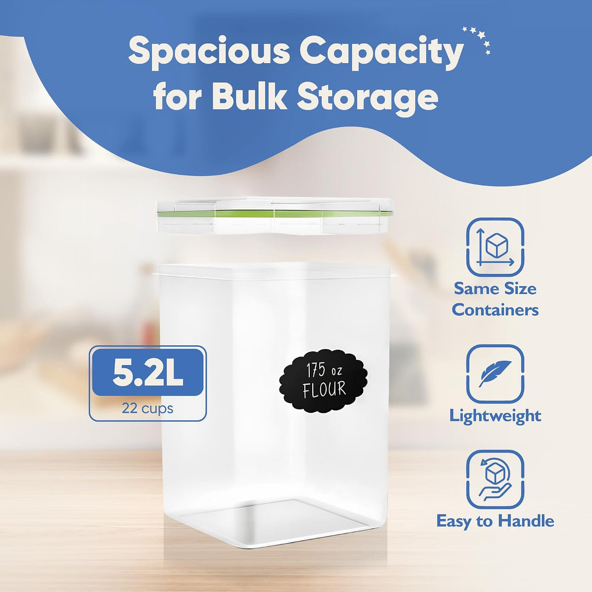 Extra Large Airtight Food Storage Containers with Lids, Pack of 2, 6.5L, 220Oz, Airtight Kitchen and Pantry Bulk Canisters for Flour, Sugar, Rice, and Baking Supplies - Transparent