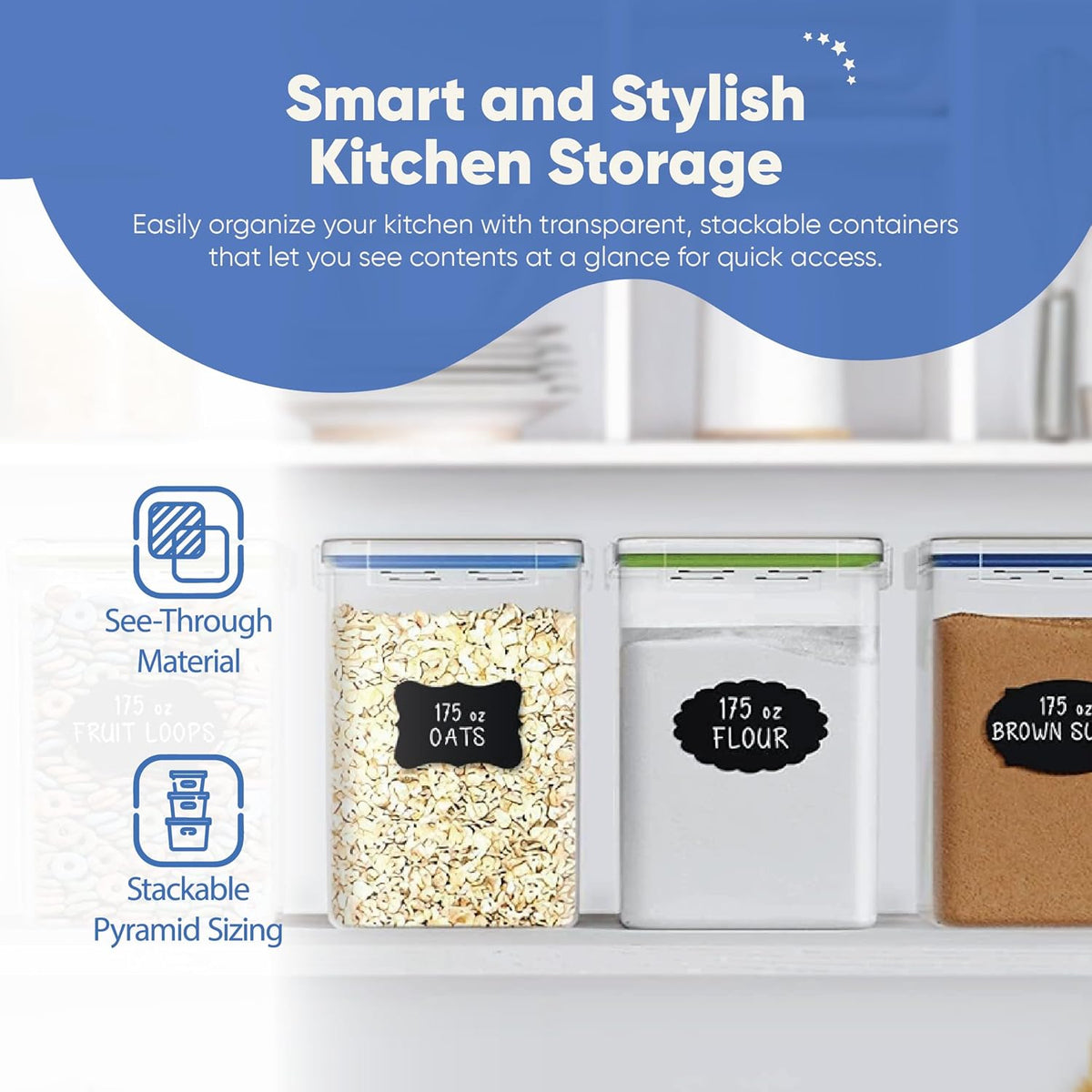 Extra Large Airtight Food Storage Containers with Lids, Pack of 2, 6.5L, 220Oz, Airtight Kitchen and Pantry Bulk Canisters for Flour, Sugar, Rice, and Baking Supplies - Transparent