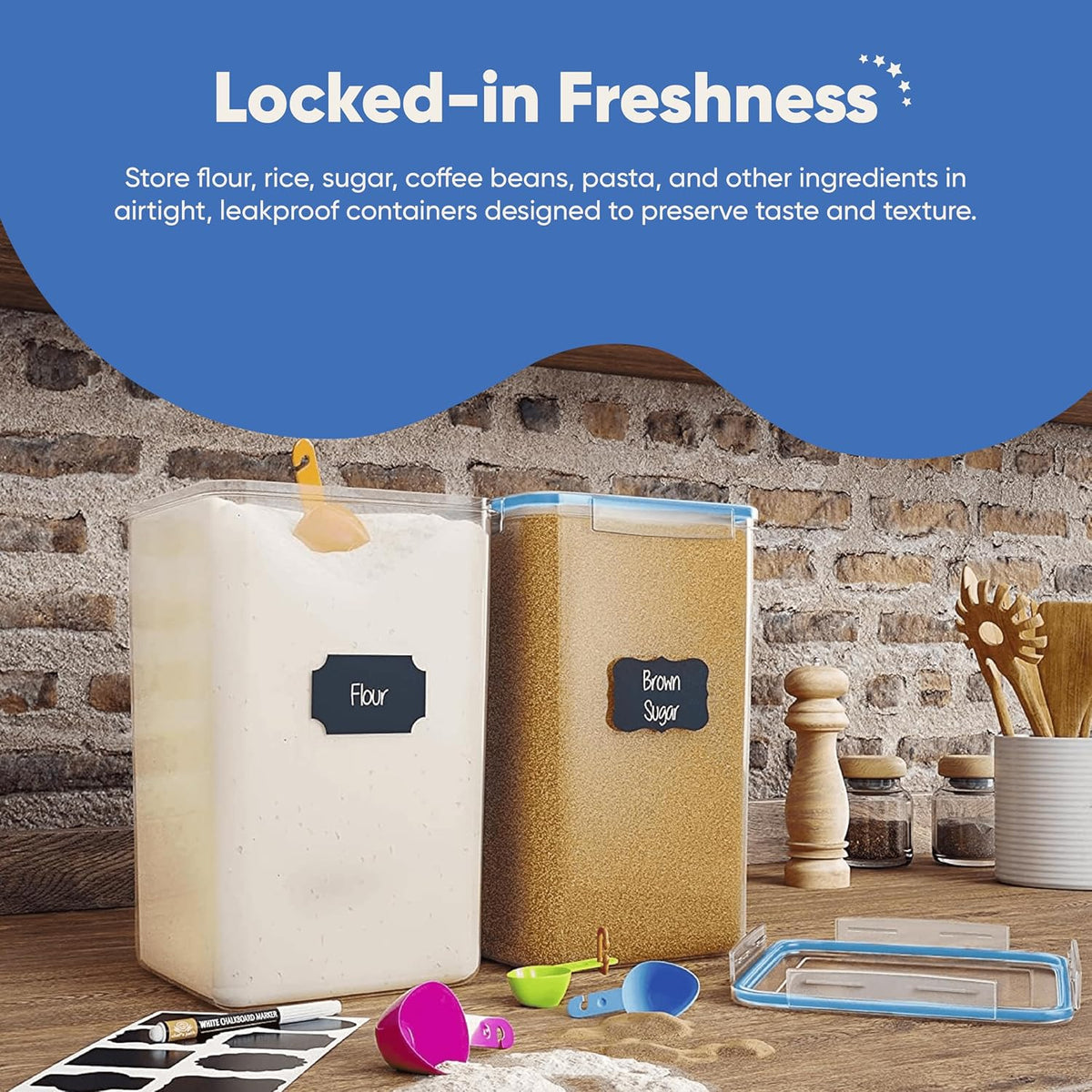 Extra Large Airtight Food Storage Containers with Lids, Pack of 2, 6.5L, 220Oz, Airtight Kitchen and Pantry Bulk Canisters for Flour, Sugar, Rice, and Baking Supplies - Transparent
