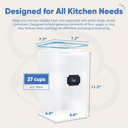 Extra Large Airtight Food Storage Containers with Lids, Pack of 2, 6.5L, 220Oz, Airtight Kitchen and Pantry Bulk Canisters for Flour, Sugar, Rice, and Baking Supplies - Transparent