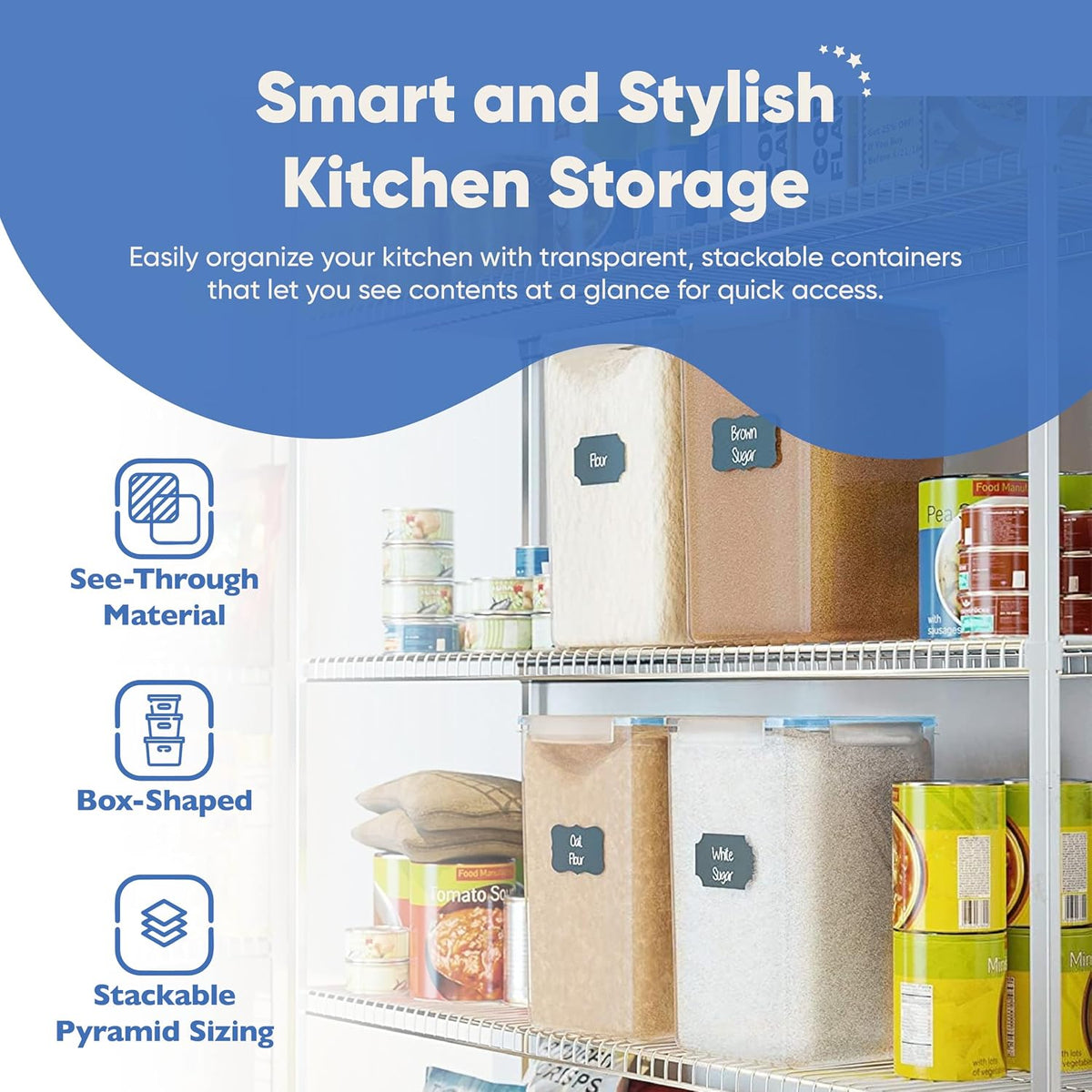 Extra Large Airtight Food Storage Containers with Lids, Pack of 2, 6.5L, 220Oz, Airtight Kitchen and Pantry Bulk Canisters for Flour, Sugar, Rice, and Baking Supplies - Transparent