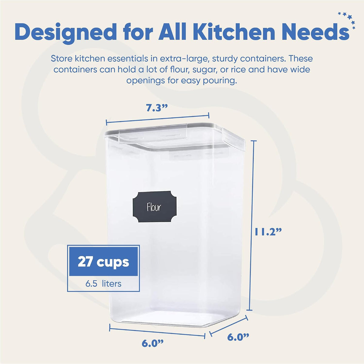 Extra Large Airtight Food Storage Containers with Lids, Pack of 2, 6.5L, 220Oz, Airtight Kitchen and Pantry Bulk Canisters for Flour, Sugar, Rice, and Baking Supplies - Transparent