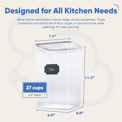 Extra Large Airtight Food Storage Containers with Lids, Pack of 2, 6.5L, 220Oz, Airtight Kitchen and Pantry Bulk Canisters for Flour, Sugar, Rice, and Baking Supplies - Transparent