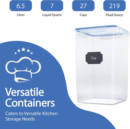 Extra Large Airtight Food Storage Containers with Lids, Pack of 2, 6.5L, 220Oz, Airtight Kitchen and Pantry Bulk Canisters for Flour, Sugar, Rice, and Baking Supplies - Transparent