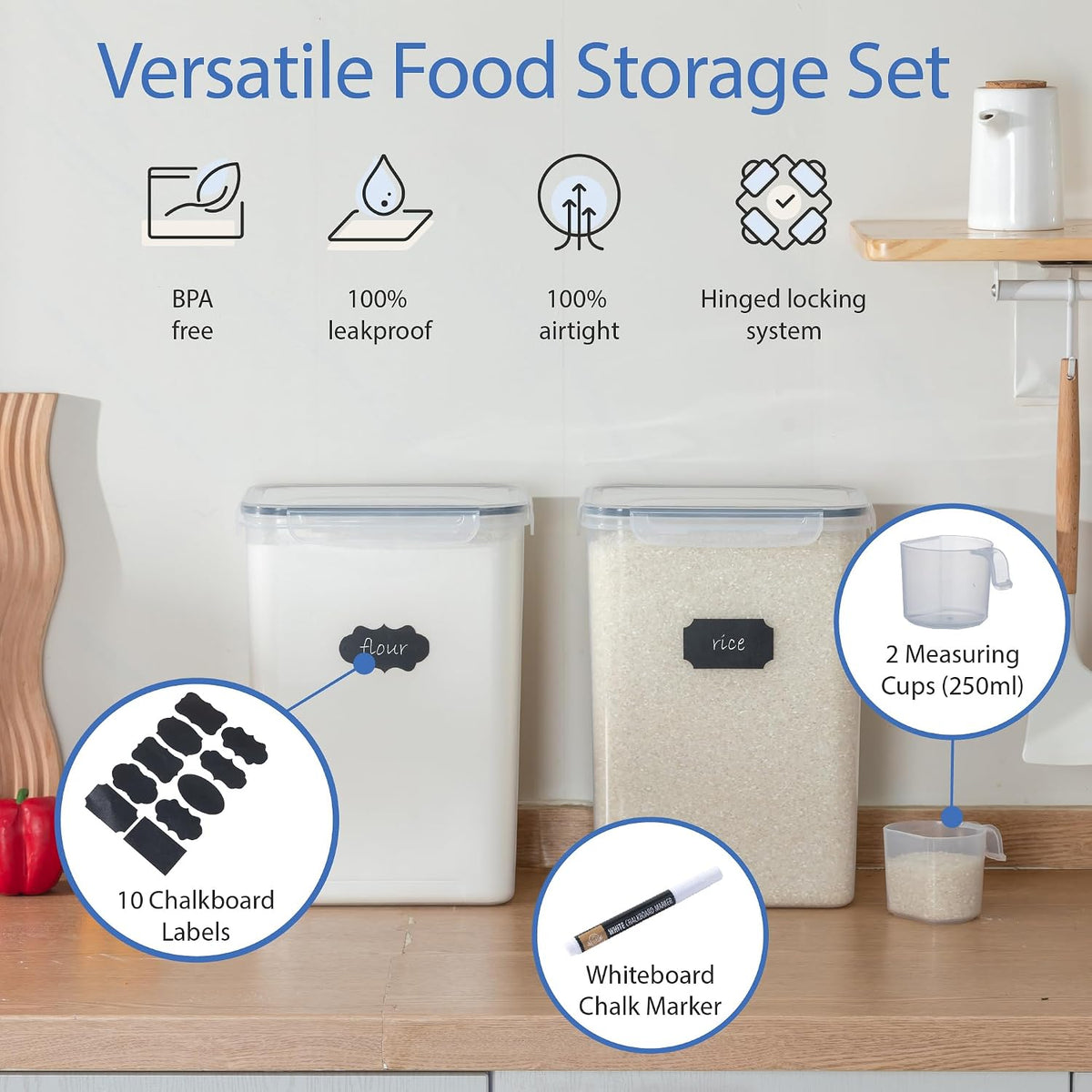 Extra Large Airtight Food Storage Containers with Lids, Pack of 2, 6.5L, 220Oz, Airtight Kitchen and Pantry Bulk Canisters for Flour, Sugar, Rice, and Baking Supplies - Transparent