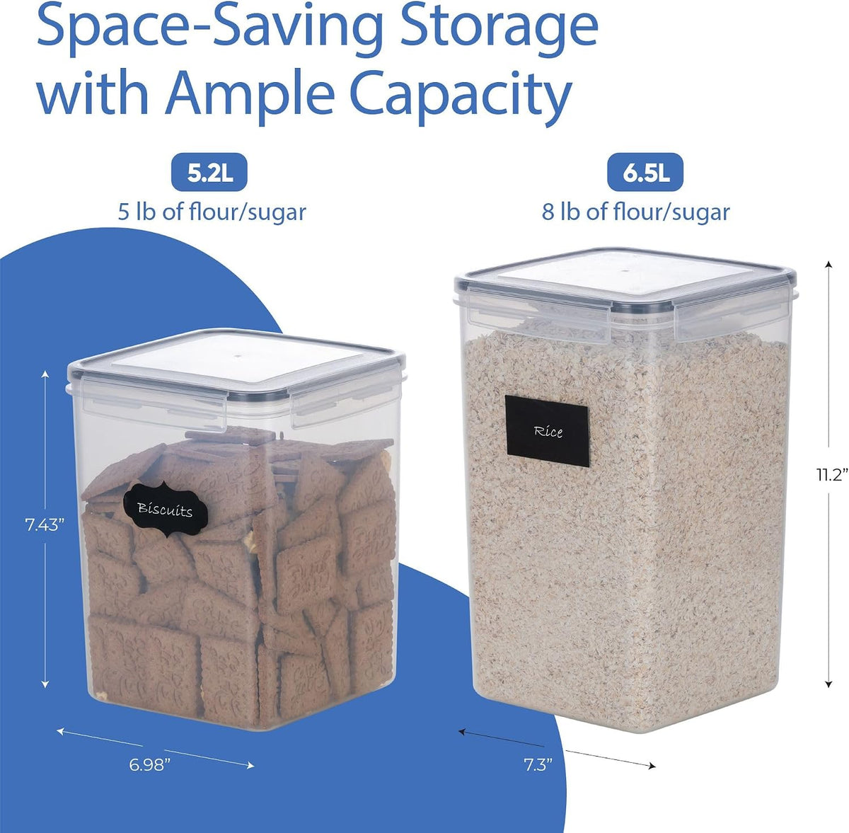 Extra Large Airtight Food Storage Containers with Lids, Pack of 2, 6.5L, 220Oz, Airtight Kitchen and Pantry Bulk Canisters for Flour, Sugar, Rice, and Baking Supplies - Transparent