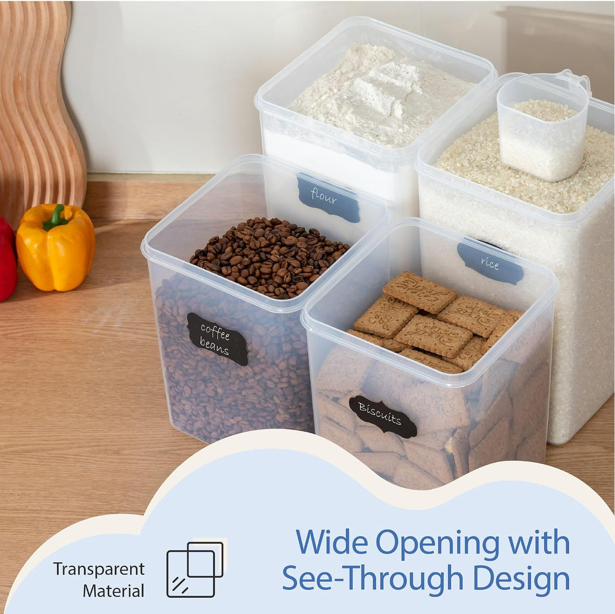 Extra Large Airtight Food Storage Containers with Lids, Pack of 2, 6.5L, 220Oz, Airtight Kitchen and Pantry Bulk Canisters for Flour, Sugar, Rice, and Baking Supplies - Transparent