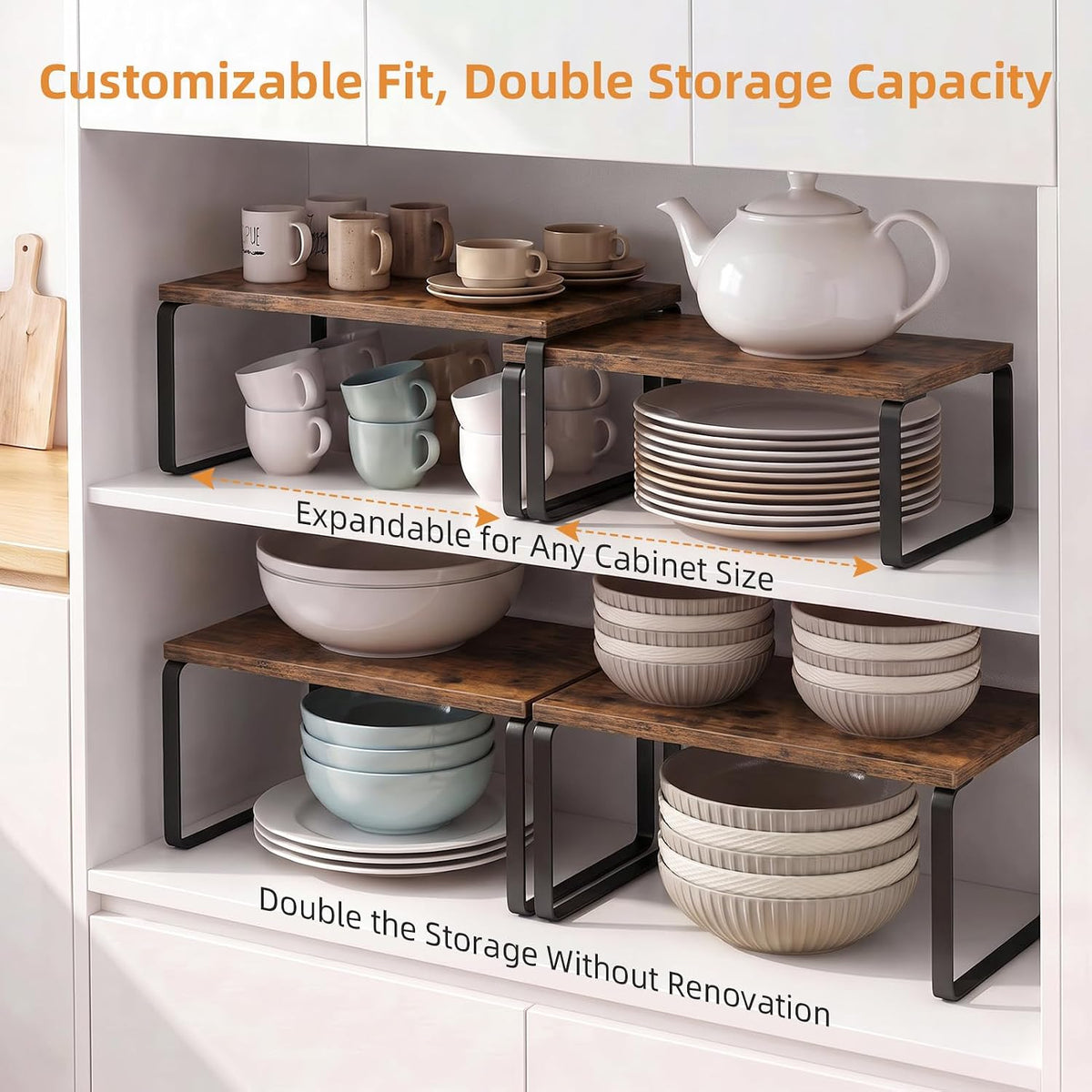 LAMU Cabinet Organizer Shelf, Set of 4 Expandable Kitchen Counter Shelve Plate Organizer for Cabiner, Stackable Spice Rack, CupBoard Organizers and Storage, Wood