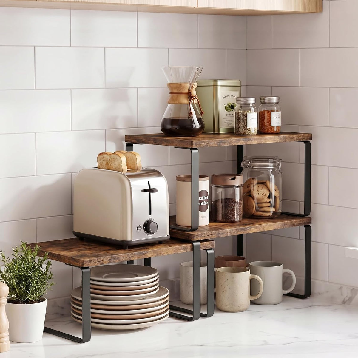 LAMU Cabinet Organizer Shelf, Set of 4 Expandable Kitchen Counter Shelve Plate Organizer for Cabiner, Stackable Spice Rack, CupBoard Organizers and Storage, Wood