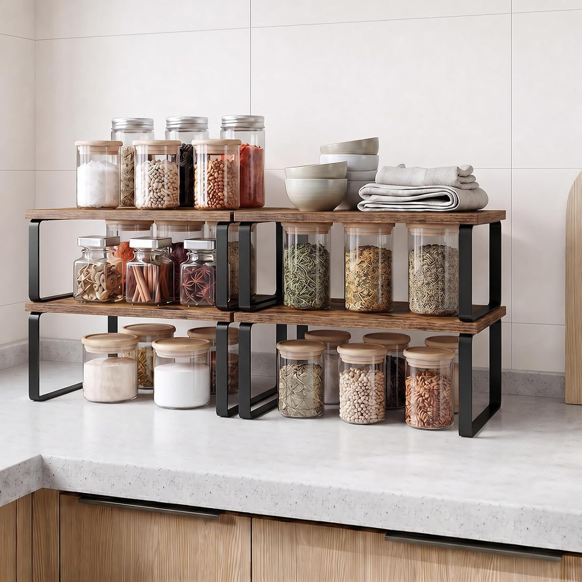 LAMU Cabinet Organizer Shelf, Set of 4 Expandable Kitchen Counter Shelve Plate Organizer for Cabiner, Stackable Spice Rack, CupBoard Organizers and Storage, Wood