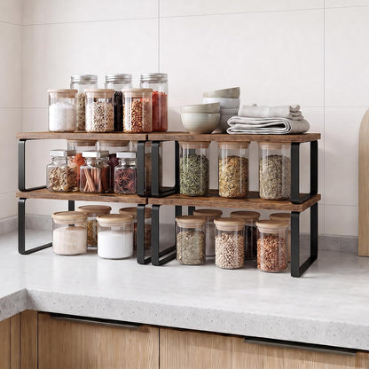 LAMU Cabinet Organizer Shelf, Set of 4 Expandable Kitchen Counter Shelve Plate Organizer for Cabiner, Stackable Spice Rack, CupBoard Organizers and Storage, Wood