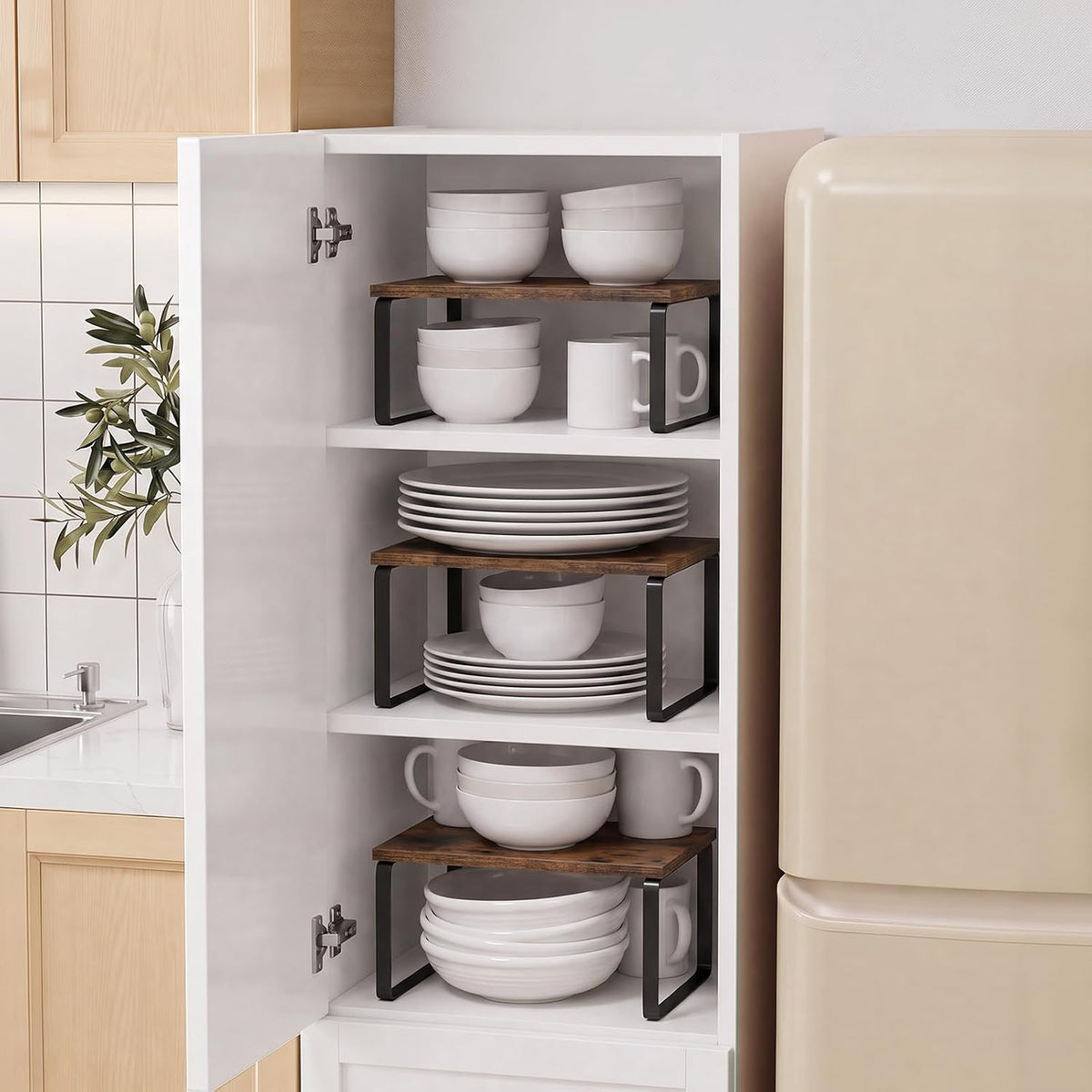 LAMU Cabinet Organizer Shelf, Set of 4 Expandable Kitchen Counter Shelve Plate Organizer for Cabiner, Stackable Spice Rack, CupBoard Organizers and Storage, Wood
