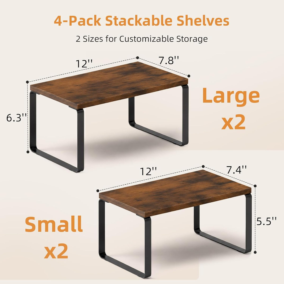 LAMU Cabinet Organizer Shelf, Set of 4 Expandable Kitchen Counter Shelve Plate Organizer for Cabiner, Stackable Spice Rack, CupBoard Organizers and Storage, Wood