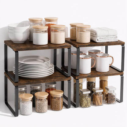 LAMU Cabinet Organizer Shelf, Set of 4 Expandable Kitchen Counter Shelve Plate Organizer for Cabiner, Stackable Spice Rack, CupBoard Organizers and Storage, Wood