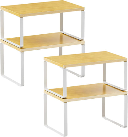 LAMU Cabinet Organizer Shelf, Set of 4 Expandable Kitchen Counter Shelve Plate Organizer for Cabiner, Stackable Spice Rack, CupBoard Organizers and Storage, Wood