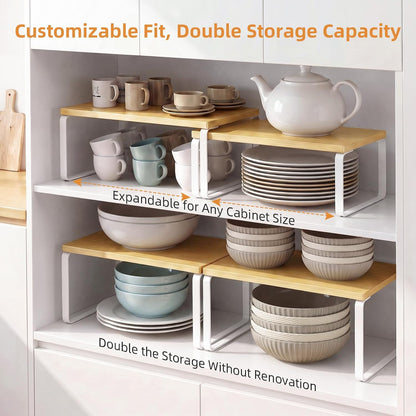 LAMU Cabinet Organizer Shelf, Set of 4 Expandable Kitchen Counter Shelve Plate Organizer for Cabiner, Stackable Spice Rack, CupBoard Organizers and Storage, Wood