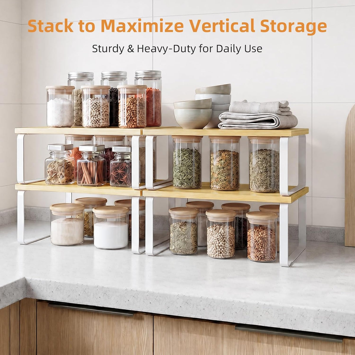LAMU Cabinet Organizer Shelf, Set of 4 Expandable Kitchen Counter Shelve Plate Organizer for Cabiner, Stackable Spice Rack, CupBoard Organizers and Storage, Wood