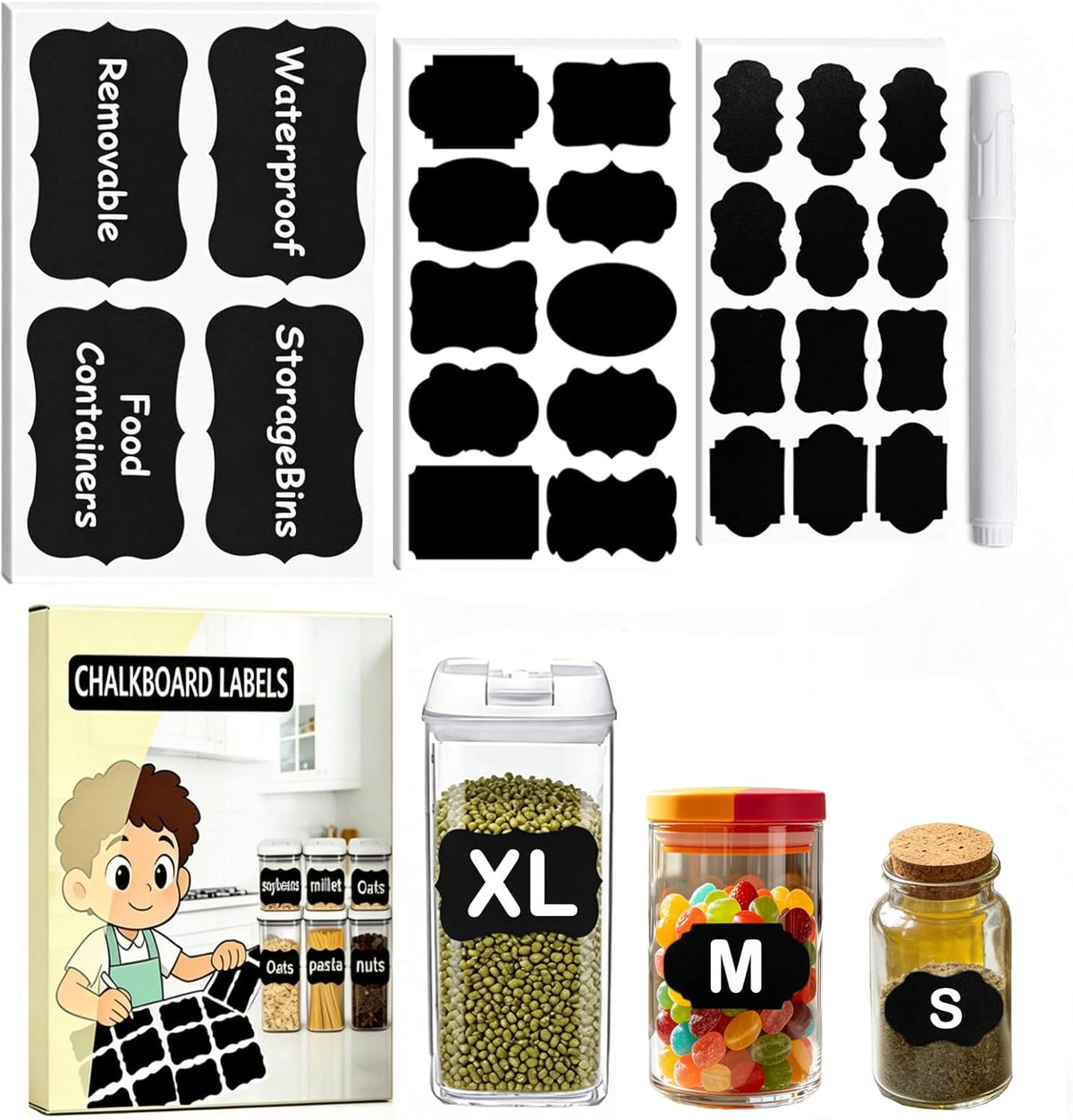 Chalkboard Labels-3.4" x 2.1" Large Size Reusable Blackboard Stickers with 1 Liquid Chalk Markers for Mason Jars, Storage Bins,Craft Rooms,Food Containers and Pantry Storage