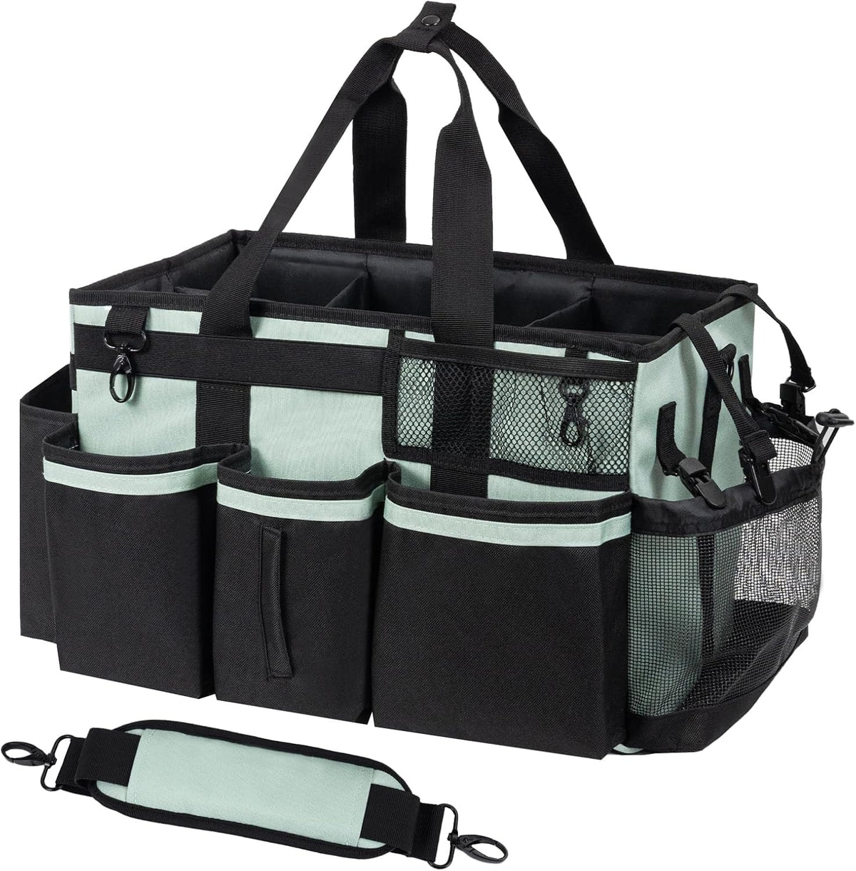 SCAVATA Wearable Cleaning Caddy Organizer with Handle & Shoulder Straps for Housekeepers, Under Sink & Car Cleaning Tool Organizer Bag with 4 Foldable Dividers (Green)