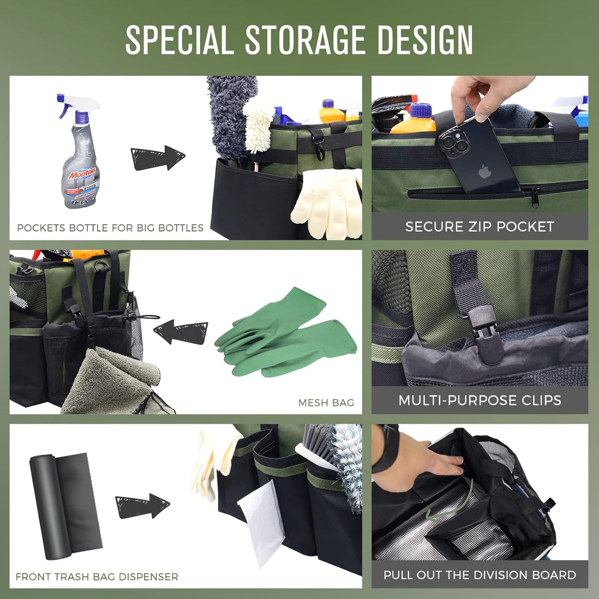 SCAVATA Wearable Cleaning Caddy Organizer with Handle & Shoulder Straps for Housekeepers, Under Sink & Car Cleaning Tool Organizer Bag with 4 Foldable Dividers (Green)