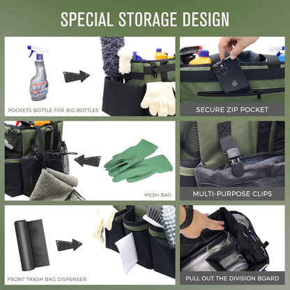 SCAVATA Wearable Cleaning Caddy Organizer with Handle & Shoulder Straps for Housekeepers, Under Sink & Car Cleaning Tool Organizer Bag with 4 Foldable Dividers (Green)