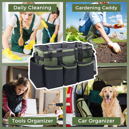 SCAVATA Wearable Cleaning Caddy Organizer with Handle & Shoulder Straps for Housekeepers, Under Sink & Car Cleaning Tool Organizer Bag with 4 Foldable Dividers (Green)