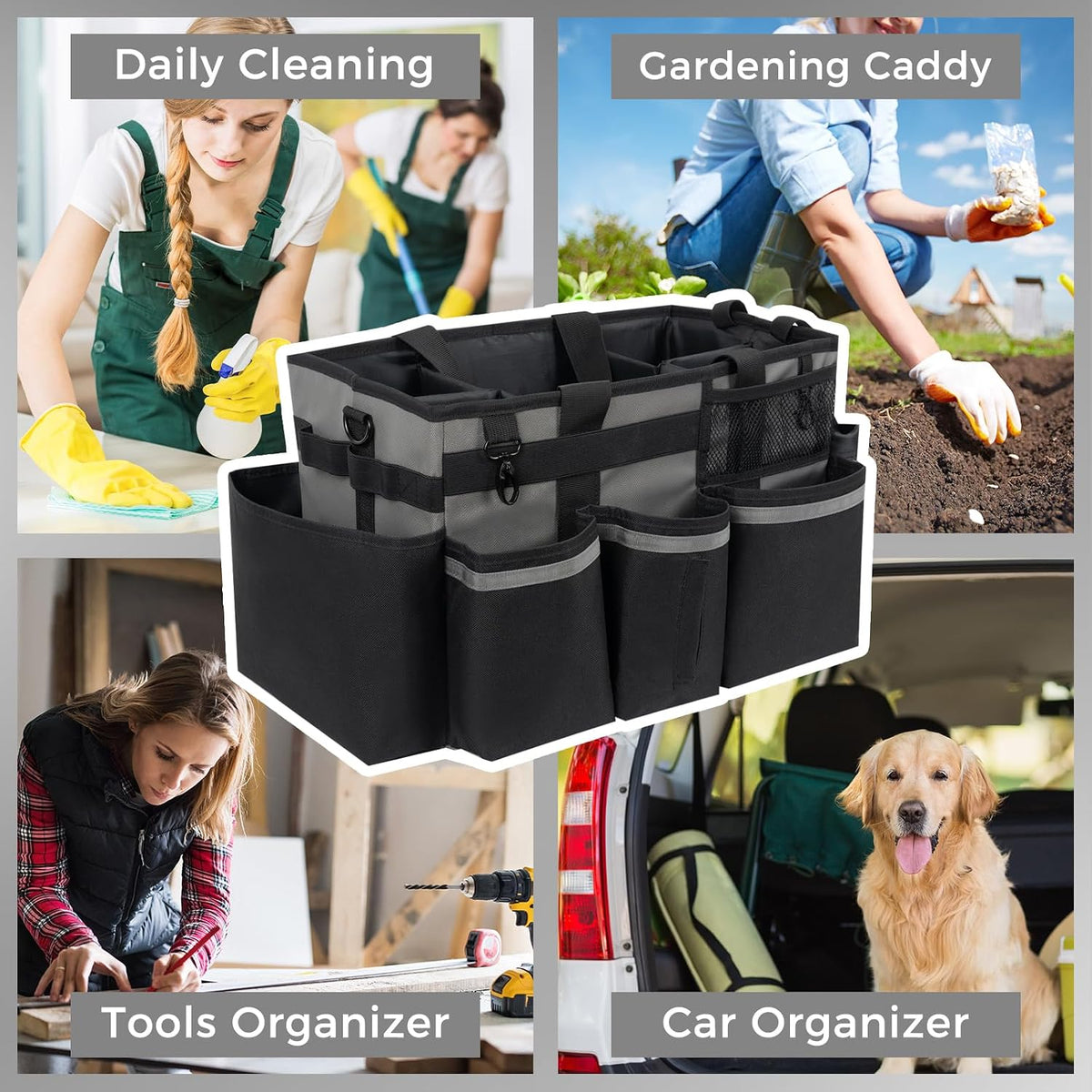SCAVATA Wearable Cleaning Caddy Organizer with Handle & Shoulder Straps for Housekeepers, Under Sink & Car Cleaning Tool Organizer Bag with 4 Foldable Dividers (Green)