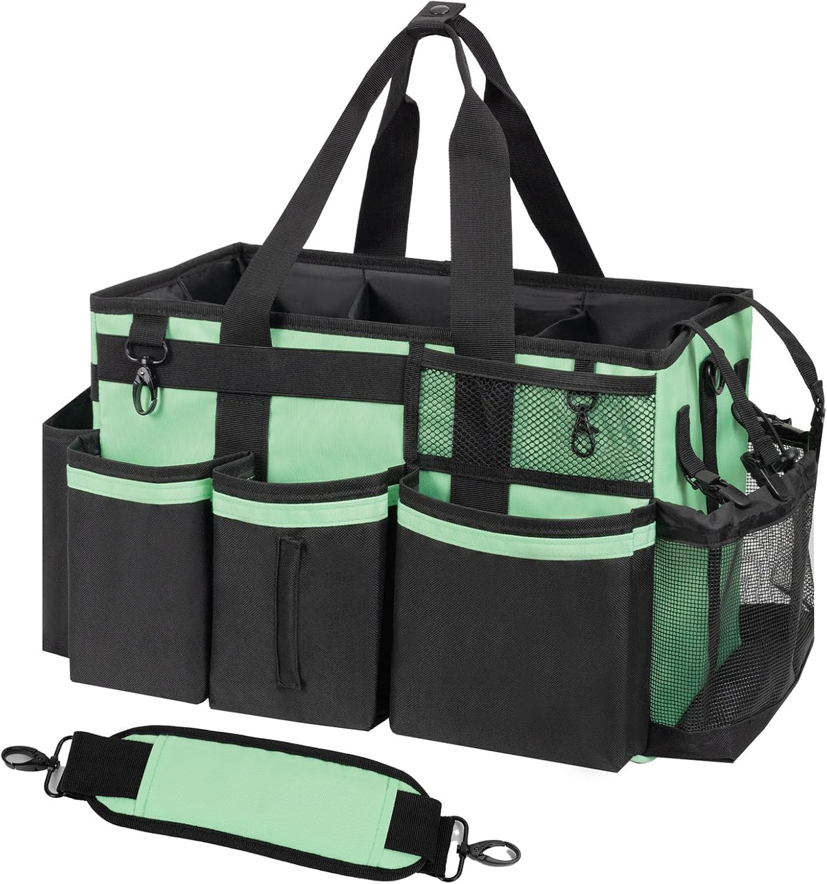 SCAVATA Wearable Cleaning Caddy Organizer with Handle & Shoulder Straps for Housekeepers, Under Sink & Car Cleaning Tool Organizer Bag with 4 Foldable Dividers (Green)