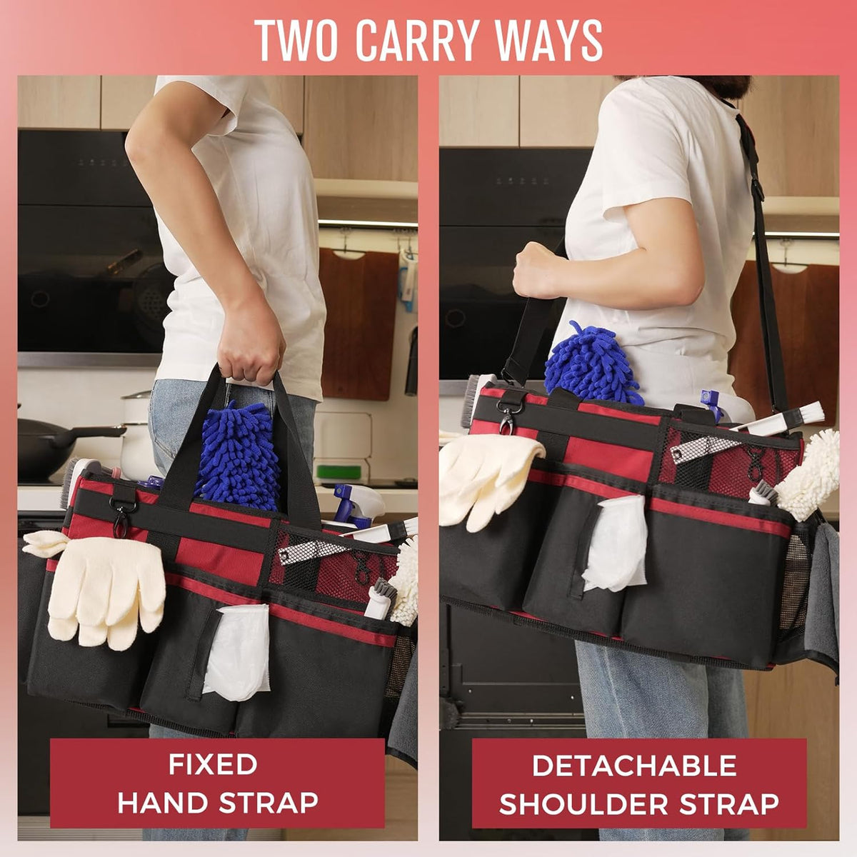 SCAVATA Wearable Cleaning Caddy Organizer with Handle & Shoulder Straps for Housekeepers, Under Sink & Car Cleaning Tool Organizer Bag with 4 Foldable Dividers (Green)