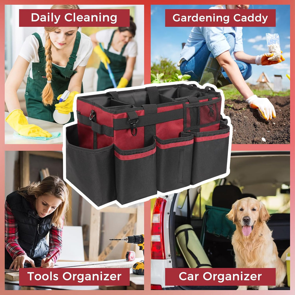 SCAVATA Wearable Cleaning Caddy Organizer with Handle & Shoulder Straps for Housekeepers, Under Sink & Car Cleaning Tool Organizer Bag with 4 Foldable Dividers (Green)