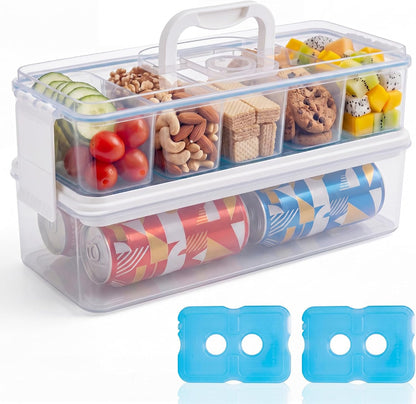 Snackle Box Container with 2 Plastic Ice Packs, Snack Organizer Divided Serving Tray with Lid and Handle, Double-layer Tray and 5-Compartment Snack Platter for Travel Party Beach Picnic