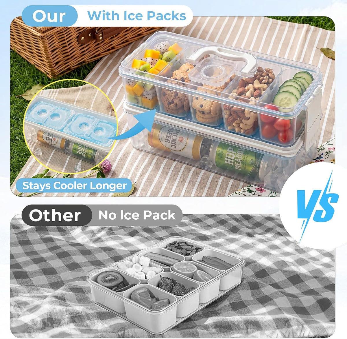 Snackle Box Container with 2 Plastic Ice Packs, Snack Organizer Divided Serving Tray with Lid and Handle, Double-layer Tray and 5-Compartment Snack Platter for Travel Party Beach Picnic