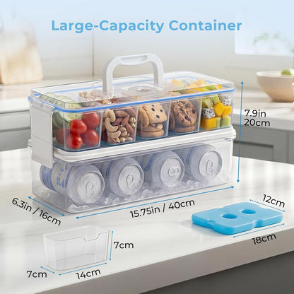 Snackle Box Container with 2 Plastic Ice Packs, Snack Organizer Divided Serving Tray with Lid and Handle, Double-layer Tray and 5-Compartment Snack Platter for Travel Party Beach Picnic