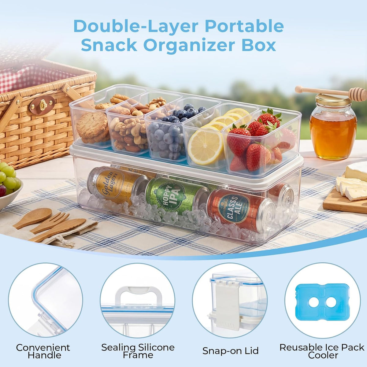 Snackle Box Container with 2 Plastic Ice Packs, Snack Organizer Divided Serving Tray with Lid and Handle, Double-layer Tray and 5-Compartment Snack Platter for Travel Party Beach Picnic