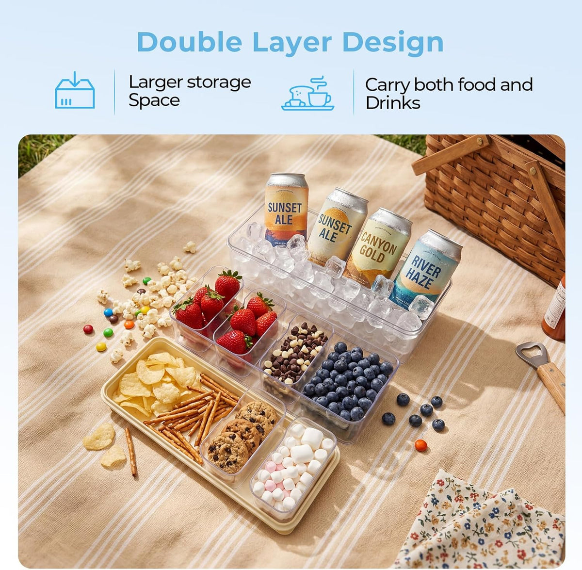 Snackle Box Container with 2 Plastic Ice Packs, Snack Organizer Divided Serving Tray with Lid and Handle, Double-layer Tray and 5-Compartment Snack Platter for Travel Party Beach Picnic