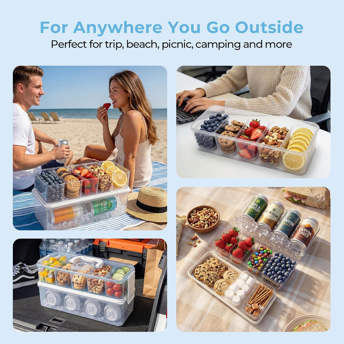 Snackle Box Container with 2 Plastic Ice Packs, Snack Organizer Divided Serving Tray with Lid and Handle, Double-layer Tray and 5-Compartment Snack Platter for Travel Party Beach Picnic