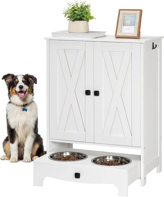 Dog Feeding Station with Storage and Hooks, Dog Food Storage Cabinet with Feeding Bowls, Pet Feeding Station with Sliding Drawer and 2 Hidden Bowls for Dog & Cat, White WT12PO03G1
