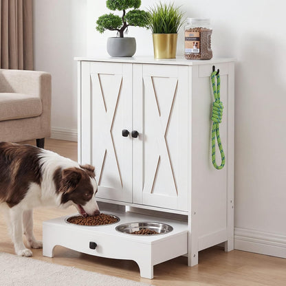 Dog Feeding Station with Storage and Hooks, Dog Food Storage Cabinet with Feeding Bowls, Pet Feeding Station with Sliding Drawer and 2 Hidden Bowls for Dog & Cat, White WT12PO03G1