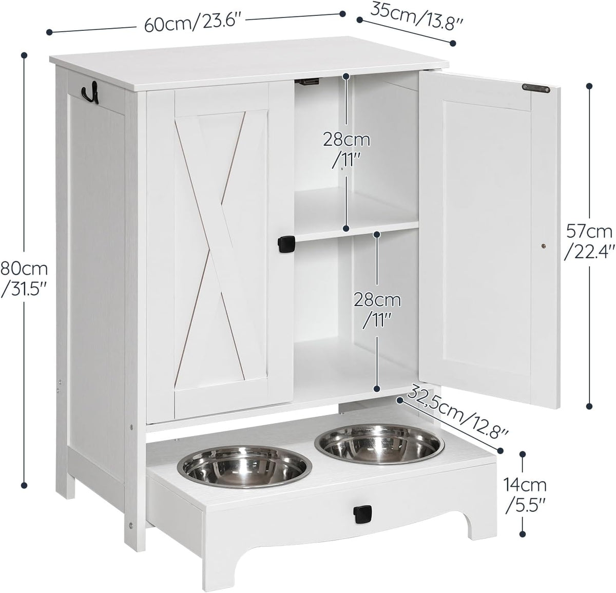 Dog Feeding Station with Storage and Hooks, Dog Food Storage Cabinet with Feeding Bowls, Pet Feeding Station with Sliding Drawer and 2 Hidden Bowls for Dog & Cat, White WT12PO03G1