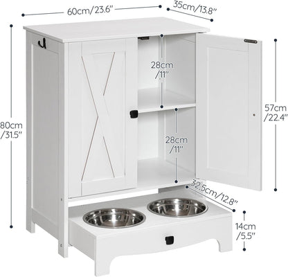 Dog Feeding Station with Storage and Hooks, Dog Food Storage Cabinet with Feeding Bowls, Pet Feeding Station with Sliding Drawer and 2 Hidden Bowls for Dog & Cat, White WT12PO03G1
