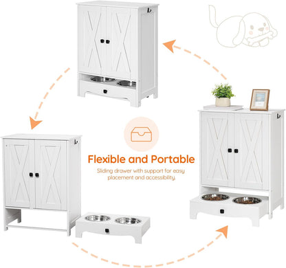 Dog Feeding Station with Storage and Hooks, Dog Food Storage Cabinet with Feeding Bowls, Pet Feeding Station with Sliding Drawer and 2 Hidden Bowls for Dog & Cat, White WT12PO03G1
