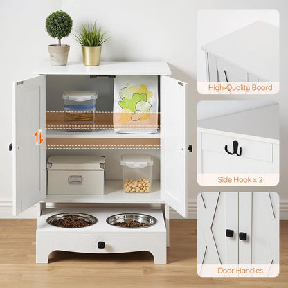 Dog Feeding Station with Storage and Hooks, Dog Food Storage Cabinet with Feeding Bowls, Pet Feeding Station with Sliding Drawer and 2 Hidden Bowls for Dog & Cat, White WT12PO03G1