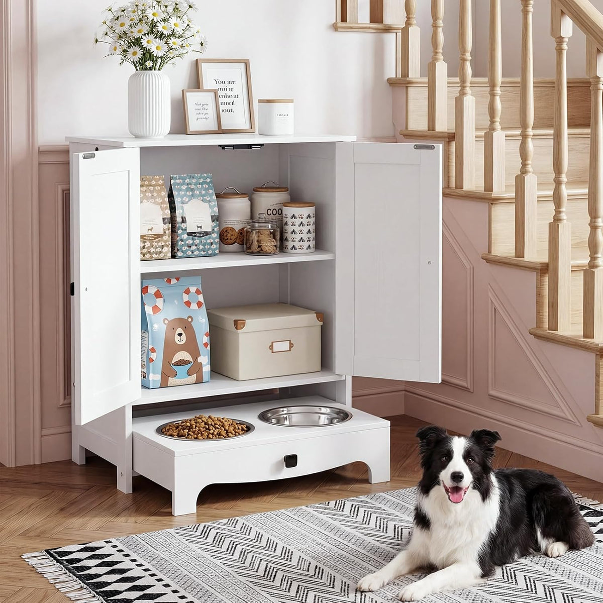 Dog Feeding Station with Storage and Hooks, Dog Food Storage Cabinet with Feeding Bowls, Pet Feeding Station with Sliding Drawer and 2 Hidden Bowls for Dog & Cat, White WT12PO03G1