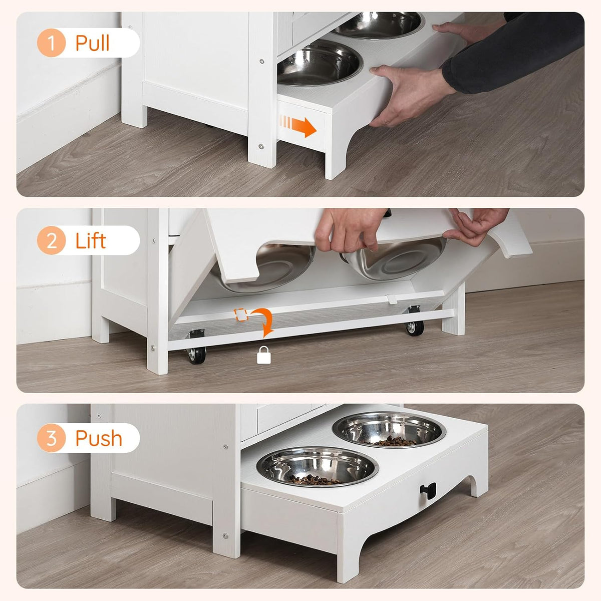 Dog Feeding Station with Storage and Hooks, Dog Food Storage Cabinet with Feeding Bowls, Pet Feeding Station with Sliding Drawer and 2 Hidden Bowls for Dog & Cat, White WT12PO03G1