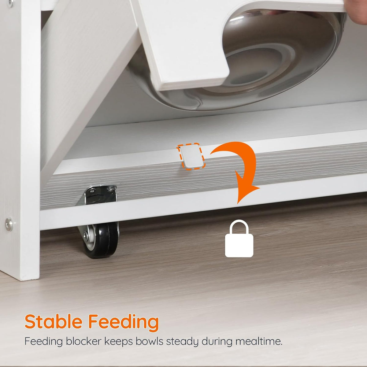 Dog Feeding Station with Storage and Hooks, Dog Food Storage Cabinet with Feeding Bowls, Pet Feeding Station with Sliding Drawer and 2 Hidden Bowls for Dog & Cat, White WT12PO03G1